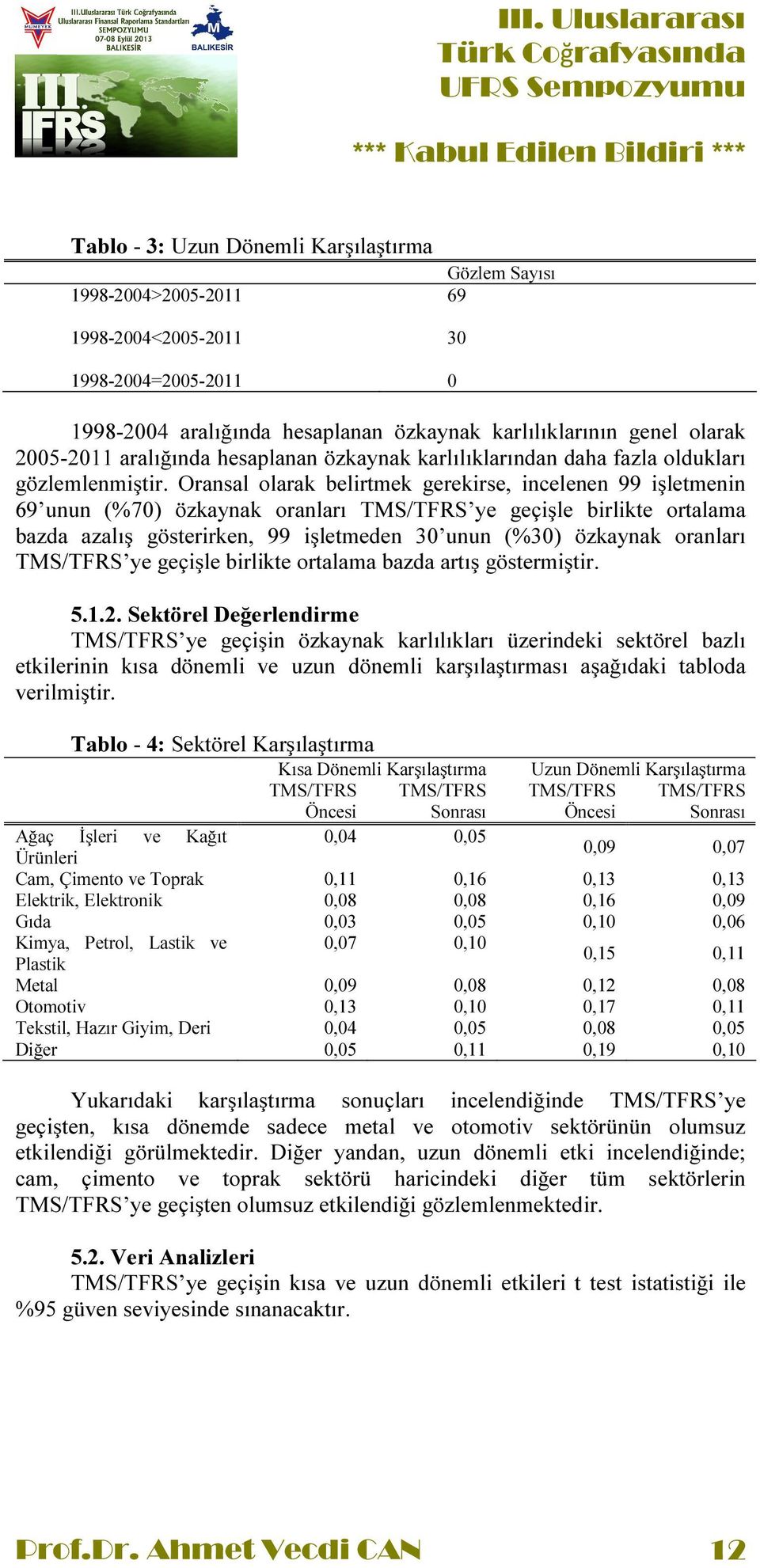 Oransal olarak belirtmek gerekirse, incelenen 99 işletmenin 69 unun (%70) özkaynak oranları TMS/TFRS ye geçişle birlikte ortalama bazda azalış gösterirken, 99 işletmeden 30 unun (%30) özkaynak