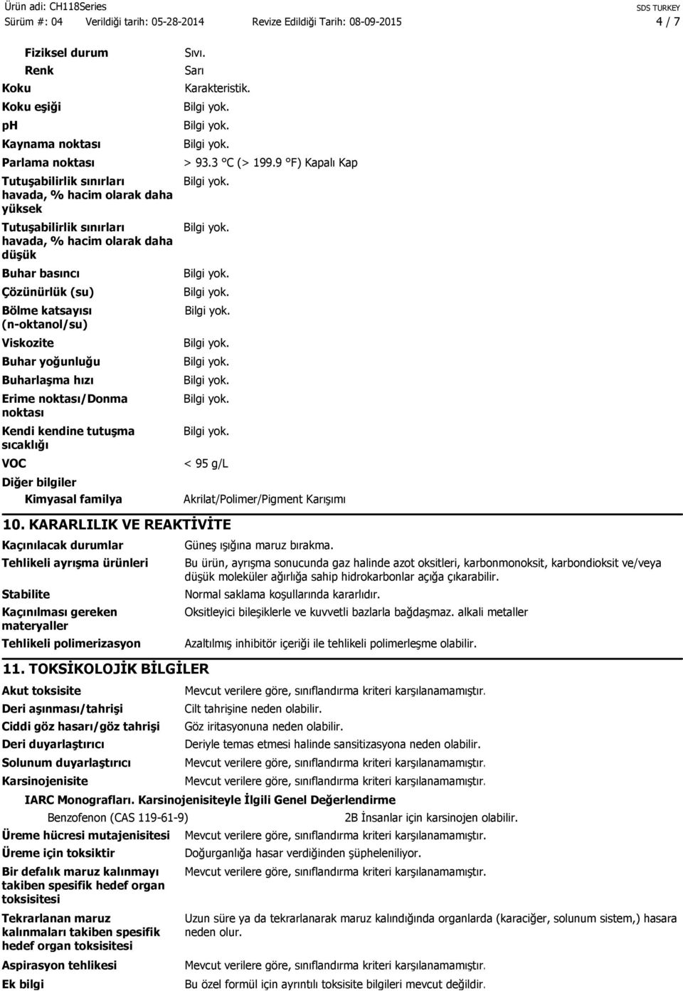 Sıvı. Sarı Karakteristik. > 93.3 C (> 199.9 F) Kapalı Kap < 95 g/l Akrilat/Polimer/Pigment Karışımı 10.