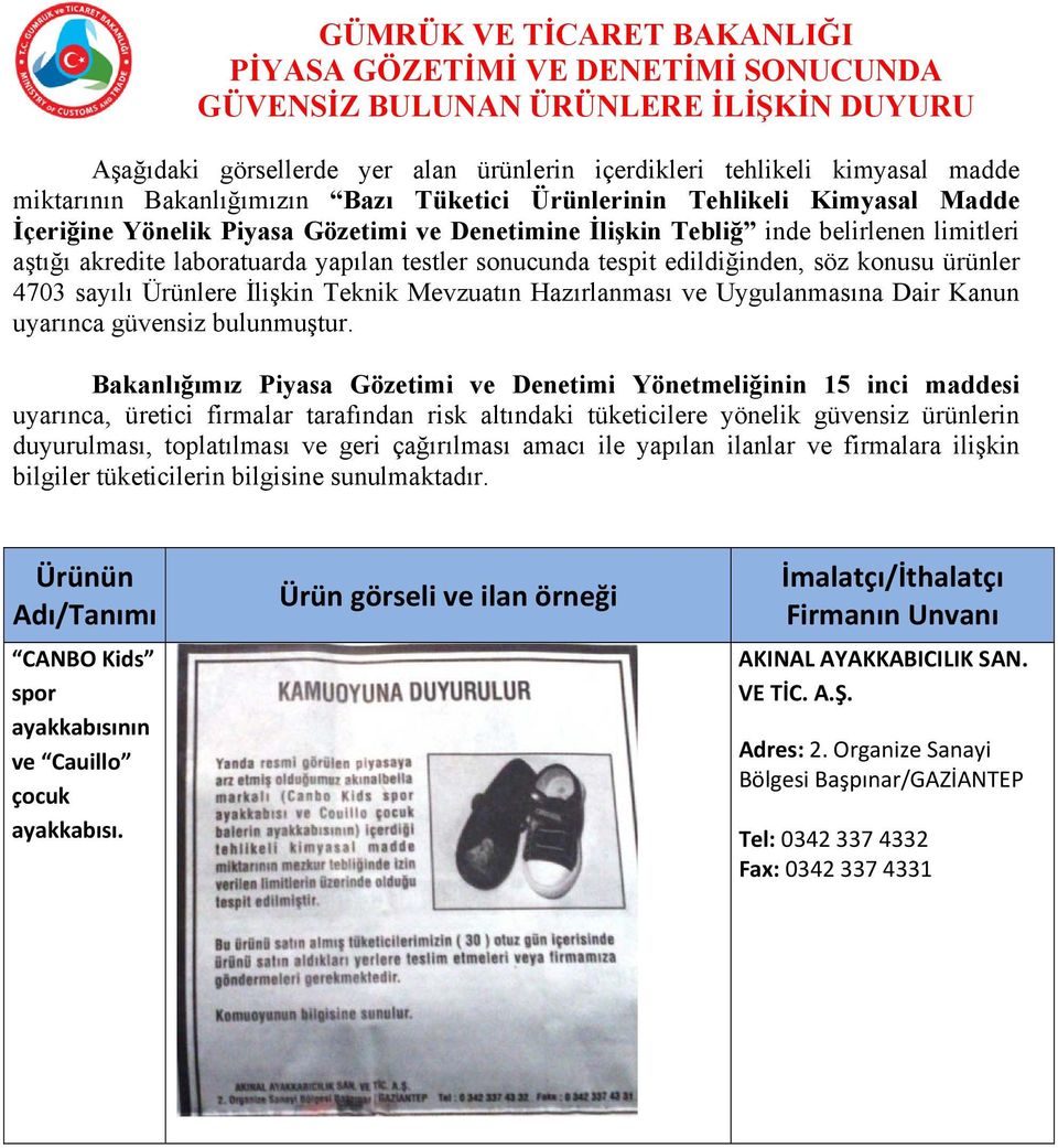 sonucunda tespit edildiğinden, söz konusu ürünler 4703 sayılı Ürünlere İlişkin Teknik Mevzuatın Hazırlanması ve Uygulanmasına Dair Kanun uyarınca güvensiz bulunmuştur.