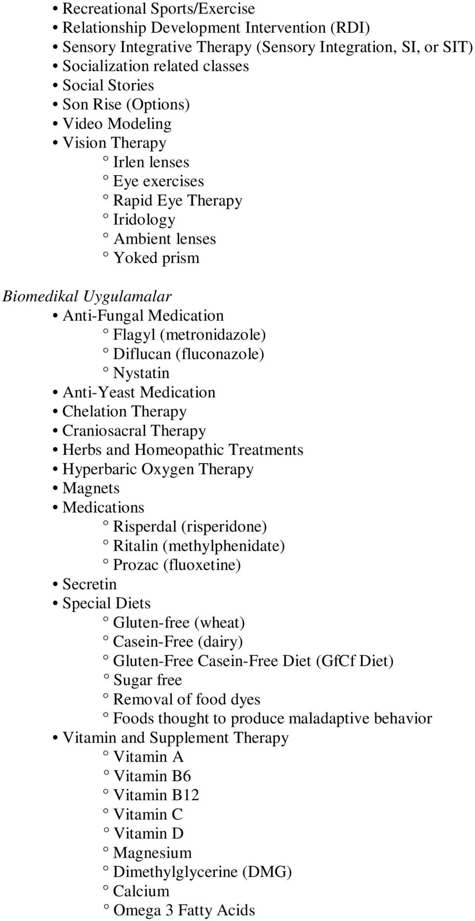 (fluconazole) Nystatin Anti-Yeast Medication Chelation Therapy Craniosacral Therapy Herbs and Homeopathic Treatments Hyperbaric Oxygen Therapy Magnets Medications Risperdal (risperidone) Ritalin