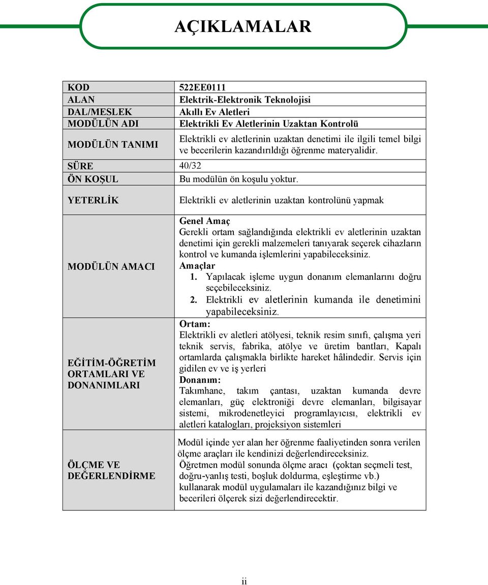 YETERLİK MODÜLÜN AMACI EĞİTİM-ÖĞRETİM ORTAMLARI VE DONANIMLARI ÖLÇME VE DEĞERLENDİRME Elektrikli ev aletlerinin uzaktan kontrolünü yapmak Genel Amaç Gerekli ortam sağlandığında elektrikli ev