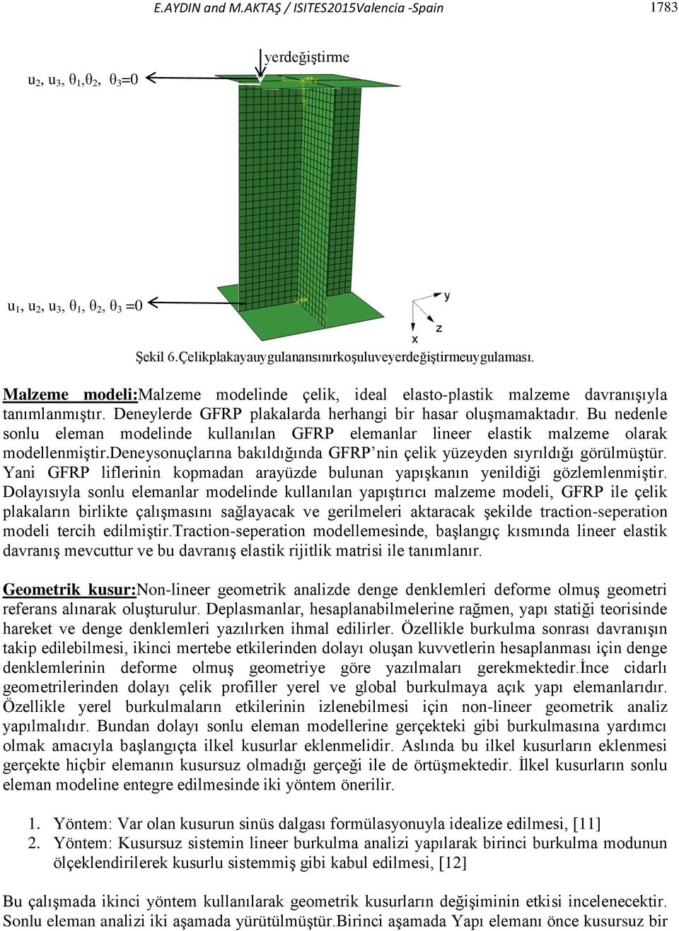 Bu nedenle sonlu eleman modelinde kullanılan GFRP elemanlar lineer elastik malzeme olarak modellenmiştir.deneysonuçlarına bakıldığında GFRP nin çelik yüzeyden sıyrıldığı görülmüştür.