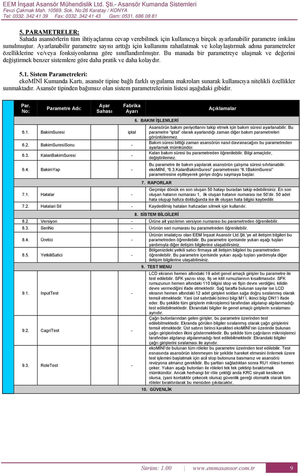 yarlanabilir parametre sayısı arttığı için kullanımı rahatlatmak ve kolaylaştırmak adına parametreler özelliklerine ve/veya fonksiyonlarına göre sınıflandırılmıştır.