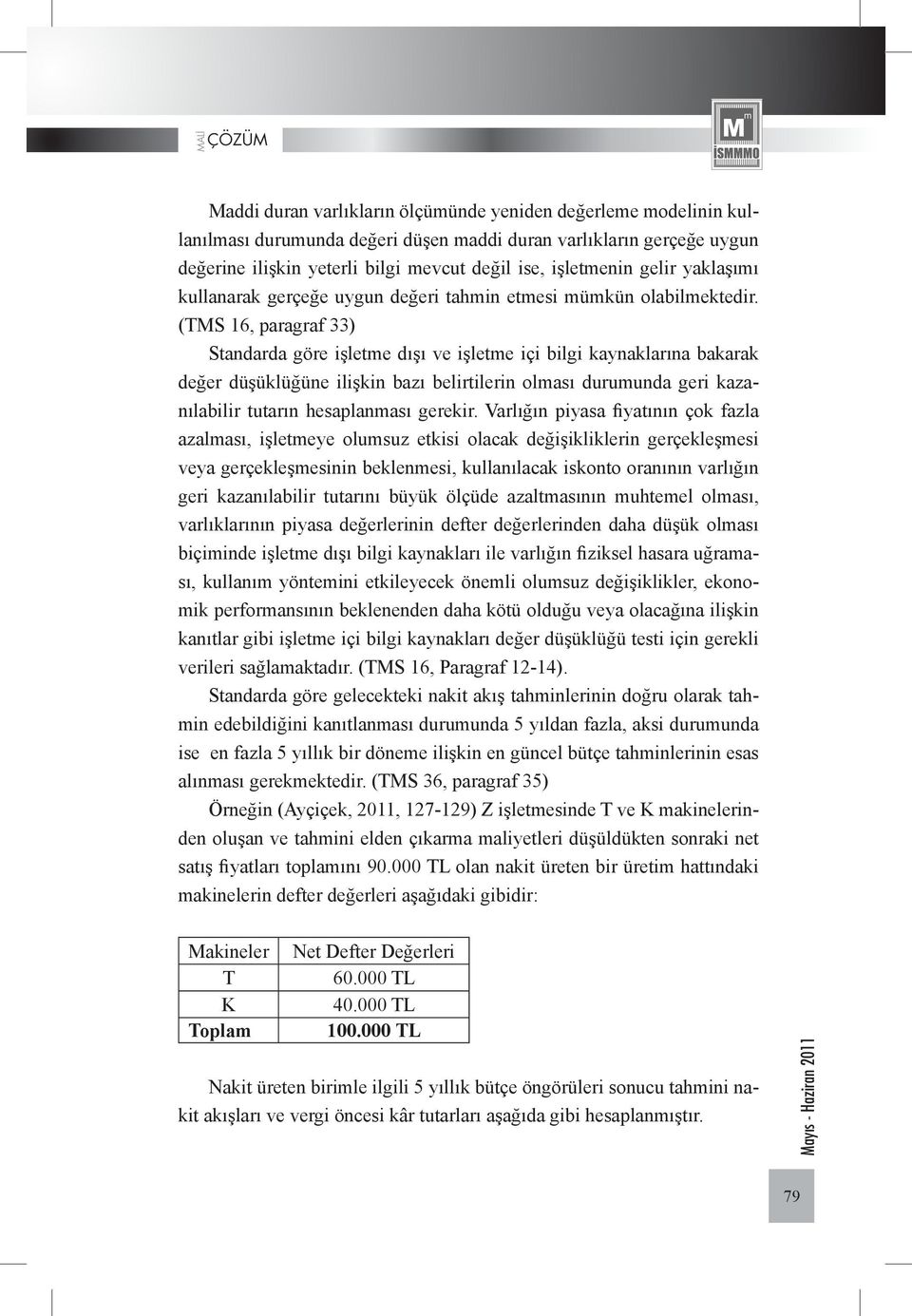 (TMS 16, paragraf 33) Standarda göre işletme dışı ve işletme içi bilgi kaynaklarına bakarak değer düşüklüğüne ilişkin bazı belirtilerin olması durumunda geri kazanılabilir tutarın hesaplanması