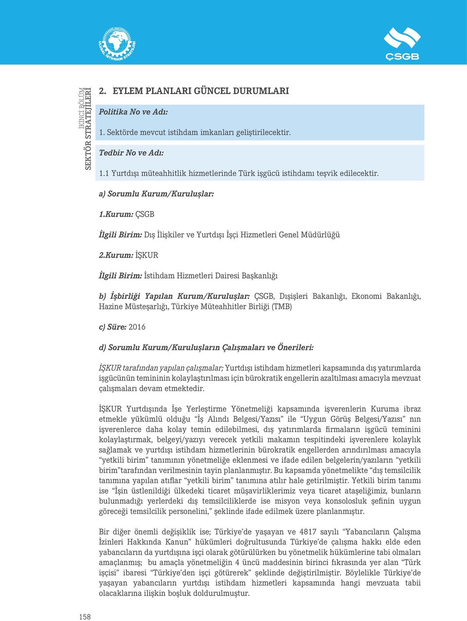 Kurum: İŞKUR İlgili Birim: İstihdam Hizmetleri Dairesi Başkanlığı b) İşbirliği Yapılan Kurum/Kuruluşlar: ÇSGB, Dışişleri Bakanlığı, Ekonomi Bakanlığı, Hazine Müsteşarlığı, Türkiye Müteahhitler