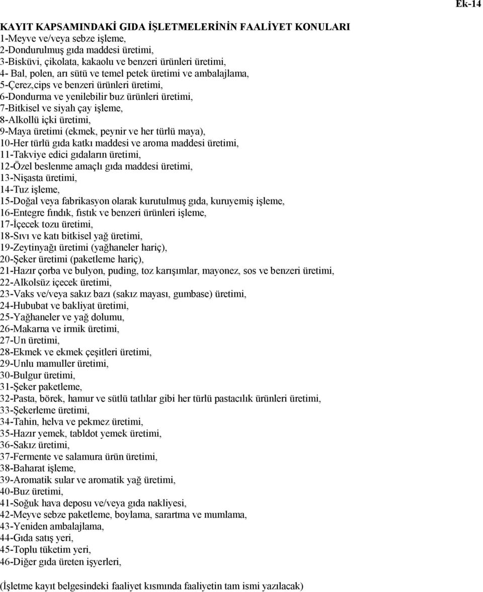 üretimi, 9-Maya üretimi (ekmek, peynir ve her türlü maya), 10-Her türlü gıda katkı maddesi ve aroma maddesi üretimi, 11-Takviye edici gıdaların üretimi, 12-Özel beslenme amaçlı gıda maddesi üretimi,