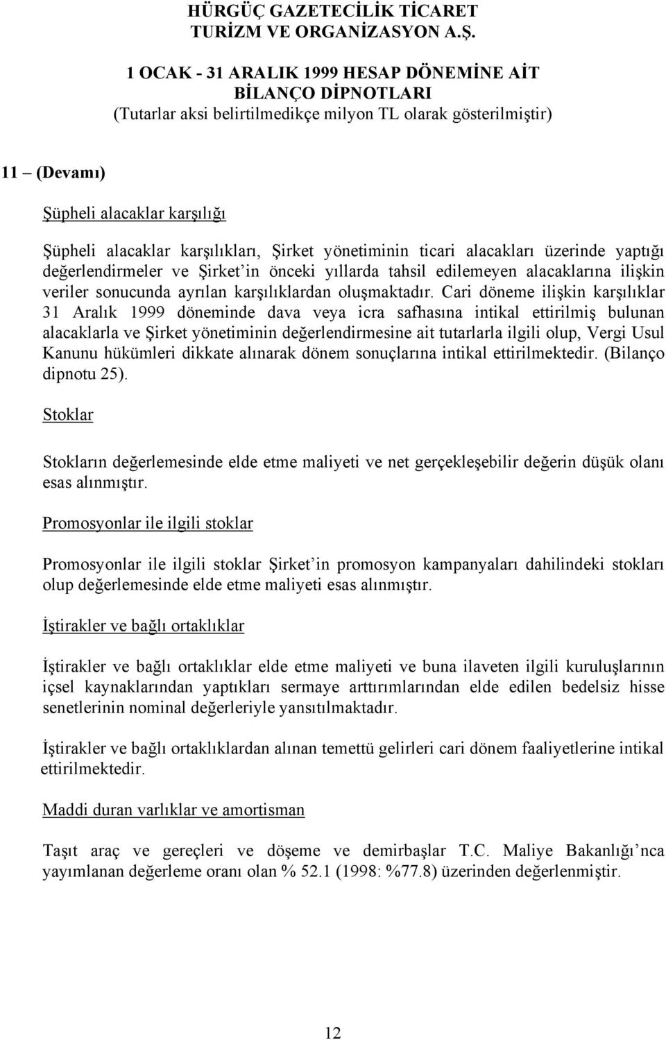 Cari döneme ilişkin karşılıklar 31 Aralık 1999 döneminde dava veya icra safhasına intikal ettirilmiş bulunan alacaklarla ve Şirket yönetiminin değerlendirmesine ait tutarlarla ilgili olup, Vergi Usul