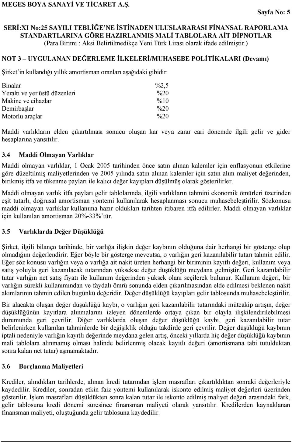 4 Maddi Olmayan Varlıklar Maddi olmayan varlıklar, 1 Ocak 2005 tarihinden önce satın alınan kalemler için enflasyonun etkilerine göre düzeltilmiş maliyetlerinden ve 2005 yılında satın alınan kalemler