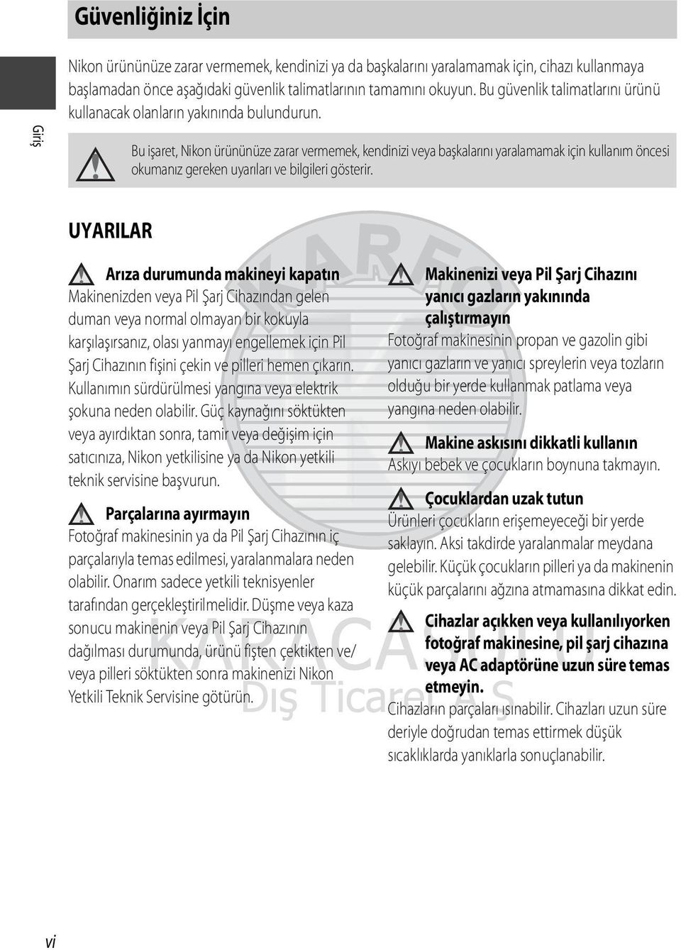 Giriş Bu işaret, Nikon ürününüze zarar vermemek, kendinizi veya başkalarını yaralamamak için kullanım öncesi okumanız gereken uyarıları ve bilgileri gösterir.