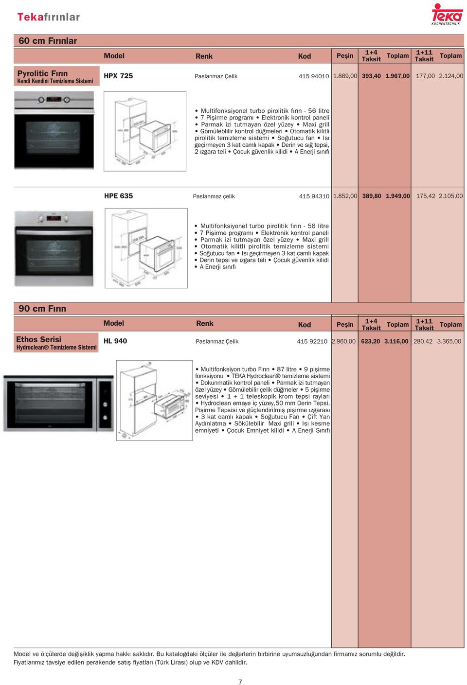 pirolitik temizleme sistemi So utucu fan Is geçirmeyen 3 kat caml kapak Derin ve s tepsi, 2 zgara teli Çocuk güvenlik kilidi A Enerji s n f HPE 635 Paslanmaz çelik 415 94310 1.852,00 389,80 1.