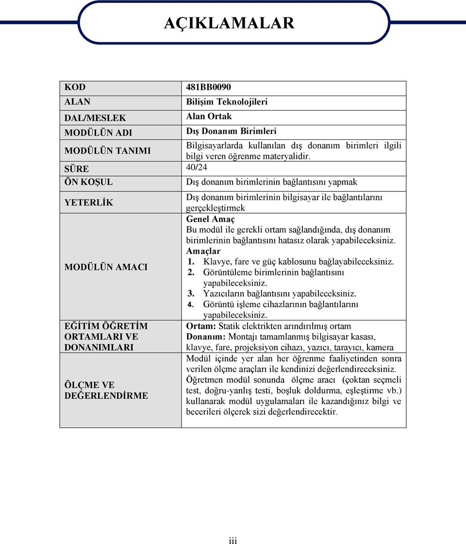 SÜRE 40/24 ÖN KOġUL DıĢ donanım birimlerinin bağlantısını yapmak YETERLĠK MODÜLÜN AMACI EĞĠTĠM ÖĞRETĠM ORTAMLARI VE DONANIMLARI ÖLÇME VE DEĞERLENDĠRME AÇIKLAMALAR DıĢ donanım birimlerinin bilgisayar