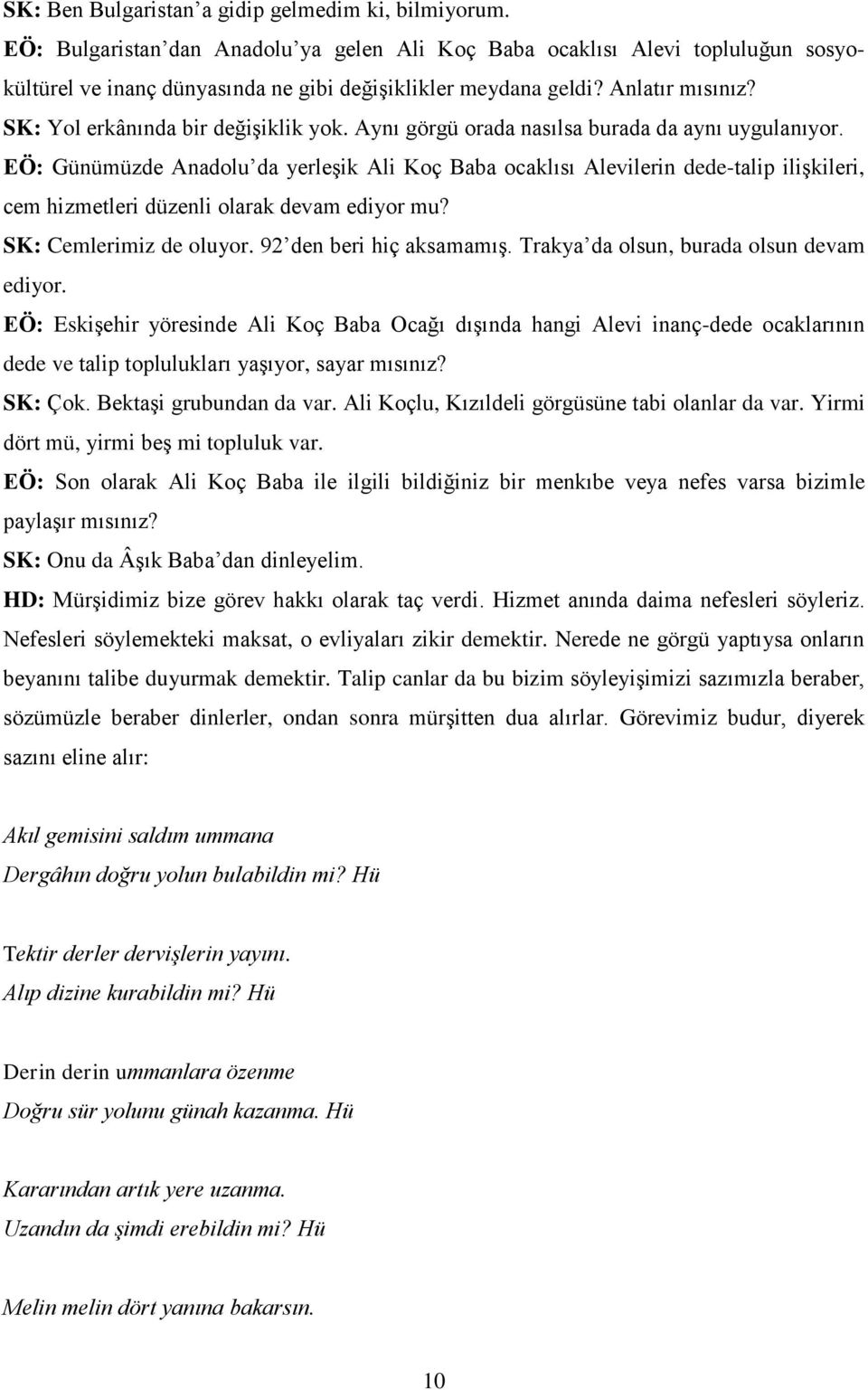 EÖ: Günümüzde Anadolu da yerleşik Ali Koç Baba ocaklısı Alevilerin dede-talip ilişkileri, cem hizmetleri düzenli olarak devam ediyor mu? SK: Cemlerimiz de oluyor. 92 den beri hiç aksamamış.