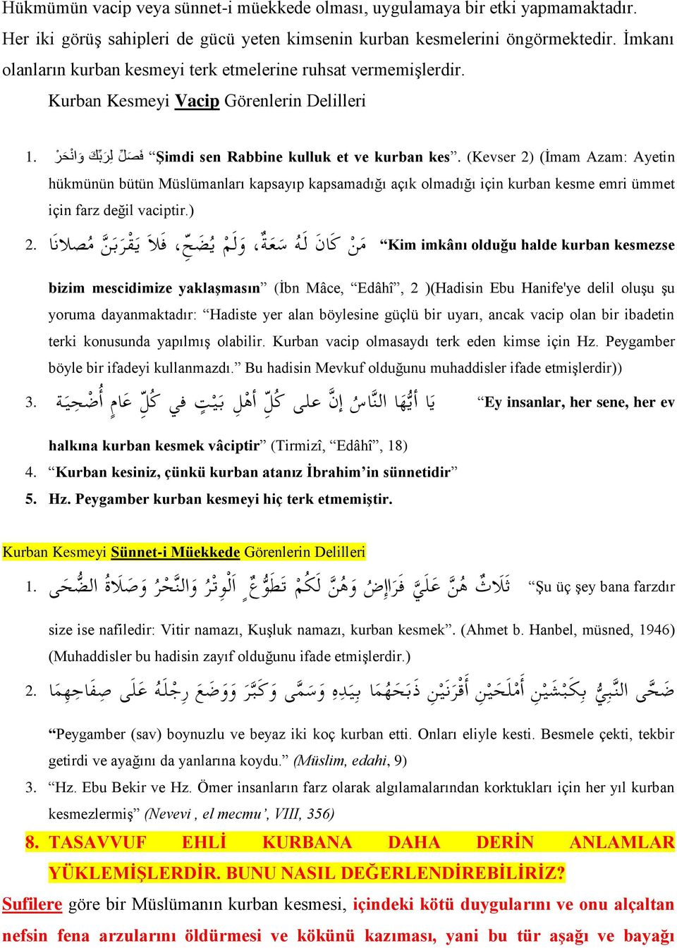 (Kevser 2) (İmam Azam: Ayetin ف ص ل ل ر ب ك و ان ح ر 1. hükmünün bütün Müslümanları kapsayıp kapsamadığı açık olmadığı için kurban kesme emri ümmet için farz değil vaciptir.