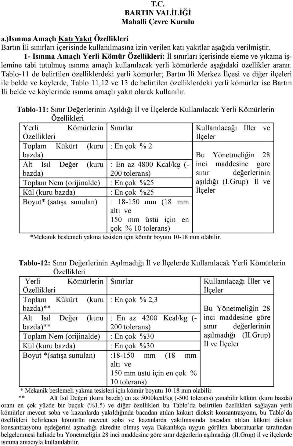 Tablo-11 de belirtilen özelliklerdeki yerli kömürler; Bartın İli Merkez İlçesi ve diğer ilçeleri ile belde ve köylerde, Tablo 11,12 ve 13 de belirtilen özelliklerdeki yerli kömürler ise Bartın İli