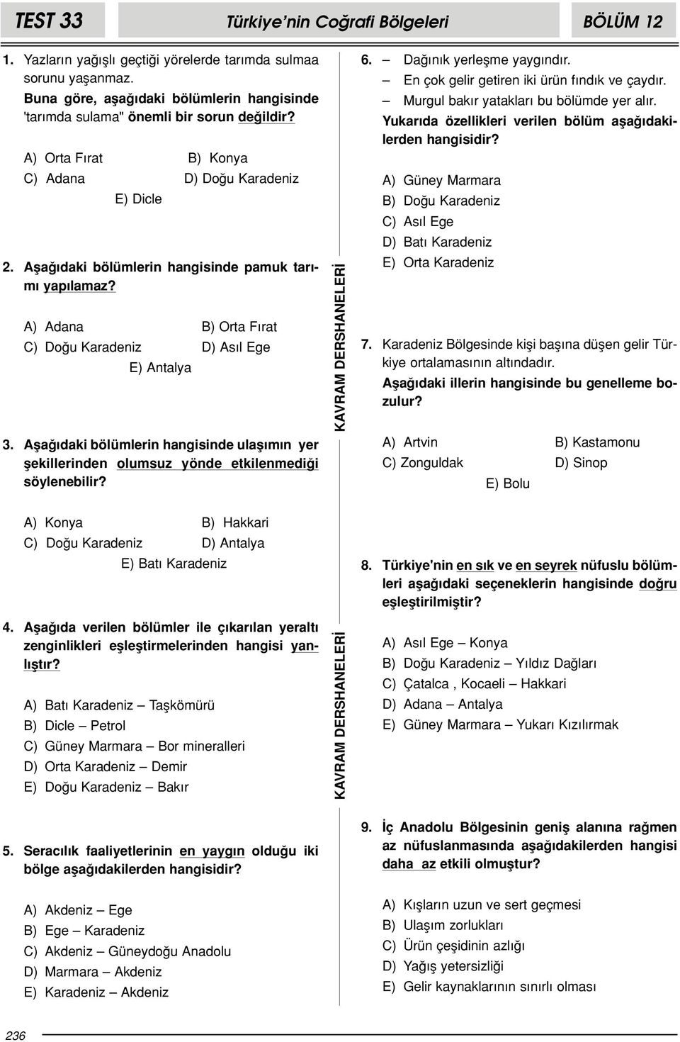 Afla daki bölümlerin hangisinde pamuk tar - m yap lamaz? A) Adana B) Orta F rat C) Do u Karadeniz D) As l Ege E) Antalya 3.