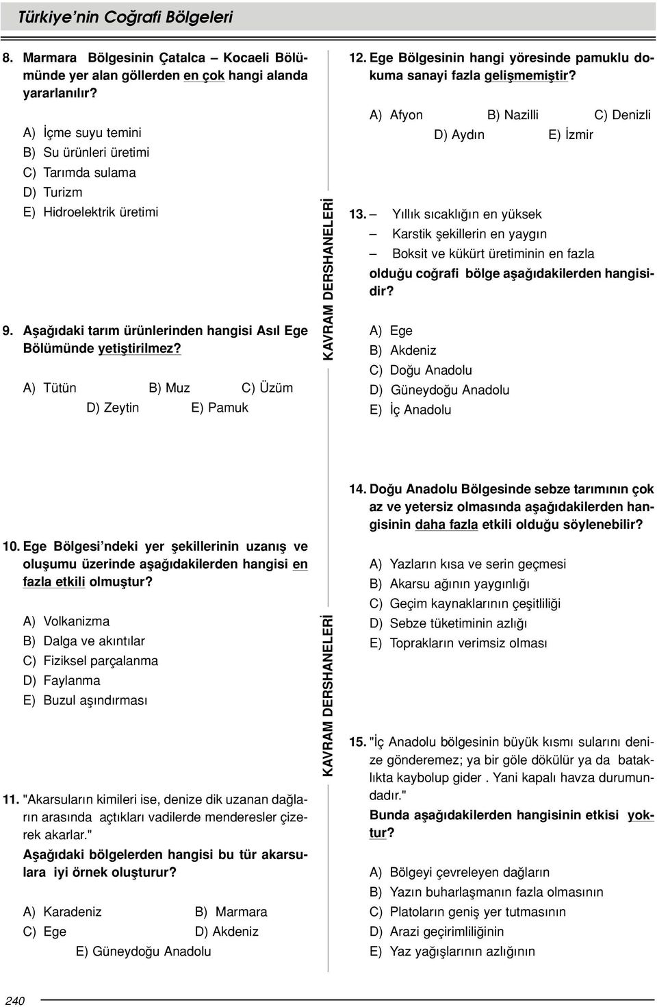A) Afyon B) Nazilli C) Denizli D) Ayd n E) zmir 13. Y ll k s cakl n en yüksek Karstik flekillerin en yayg n Boksit ve kükürt üretiminin en fazla oldu u co rafi bölge afla dakilerden hangisidir?