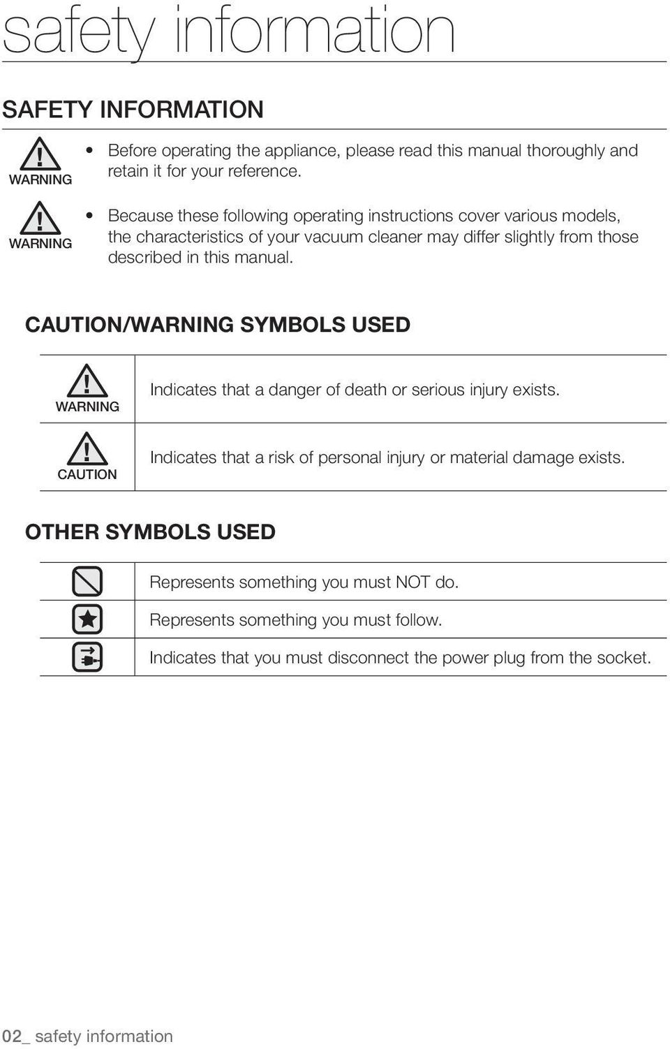 manual. CAUTION/WARNING SYMBOLS USED WARNING Indicates that a danger of death or serious injury exists.