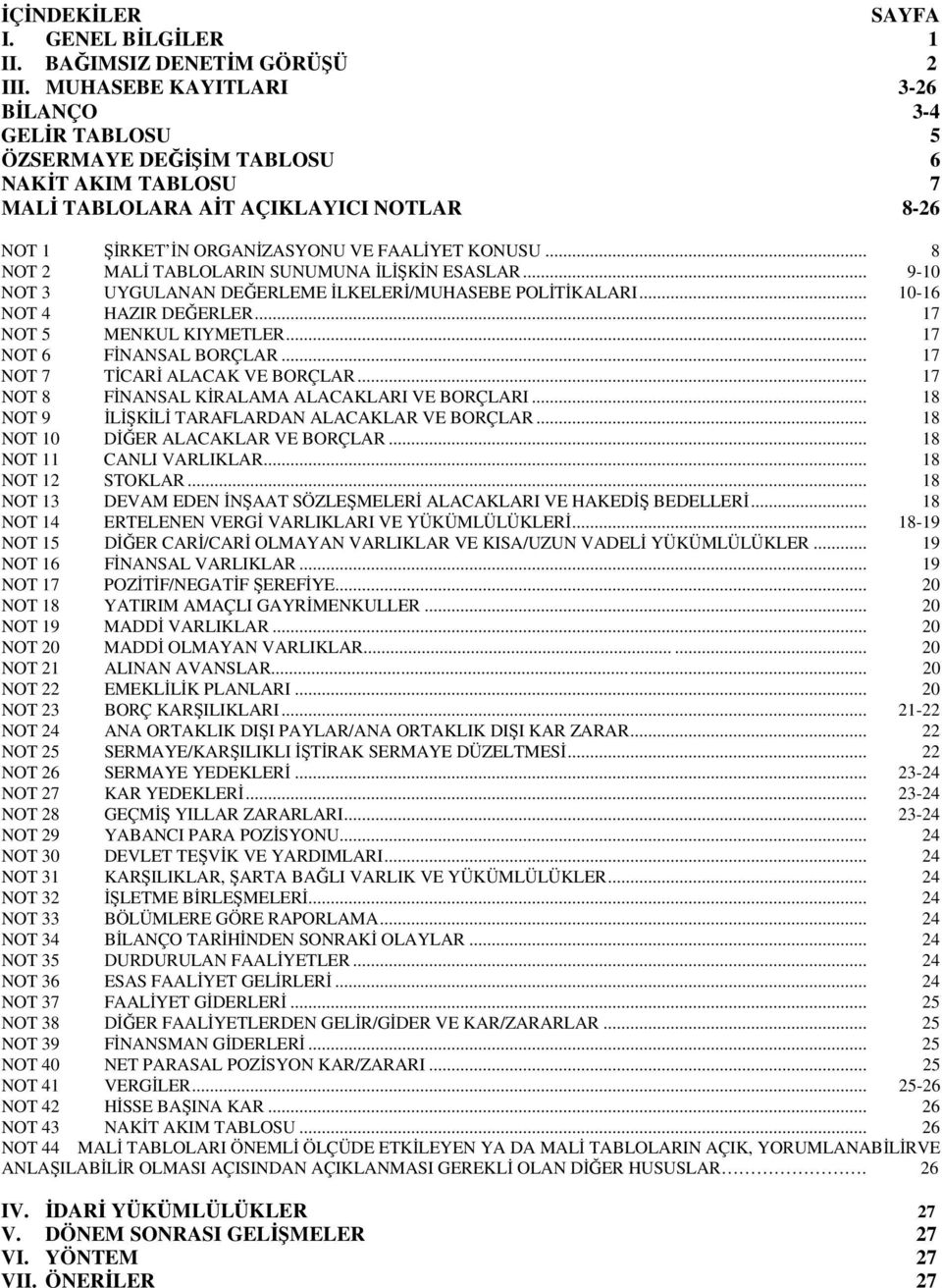 .. 8 NOT 2 MALİ TABLOLARIN SUNUMUNA İLİŞKİN ESASLAR... 9-10 NOT 3 UYGULANAN DEĞERLEME İLKELERİ/MUHASEBE POLİTİKALARI... 10-16 NOT 4 HAZIR DEĞERLER... 17 NOT 5 MENKUL KIYMETLER.