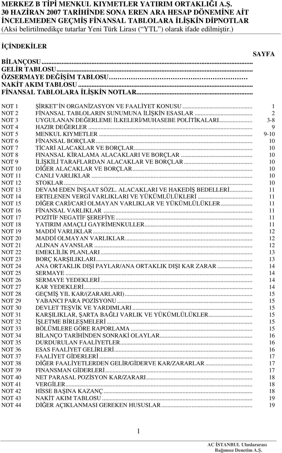 .. 9-10 NOT 6 FİNANSAL BORÇLAR... 10 NOT 7 TİCARİ ALACAKLAR VE BORÇLAR... 10 NOT 8 FINANSAL KİRALAMA ALACAKLARI VE BORÇLAR... 10 NOT 9 İLİŞKİLİ TARAFLARDAN ALACAKLAR VE BORÇLAR.