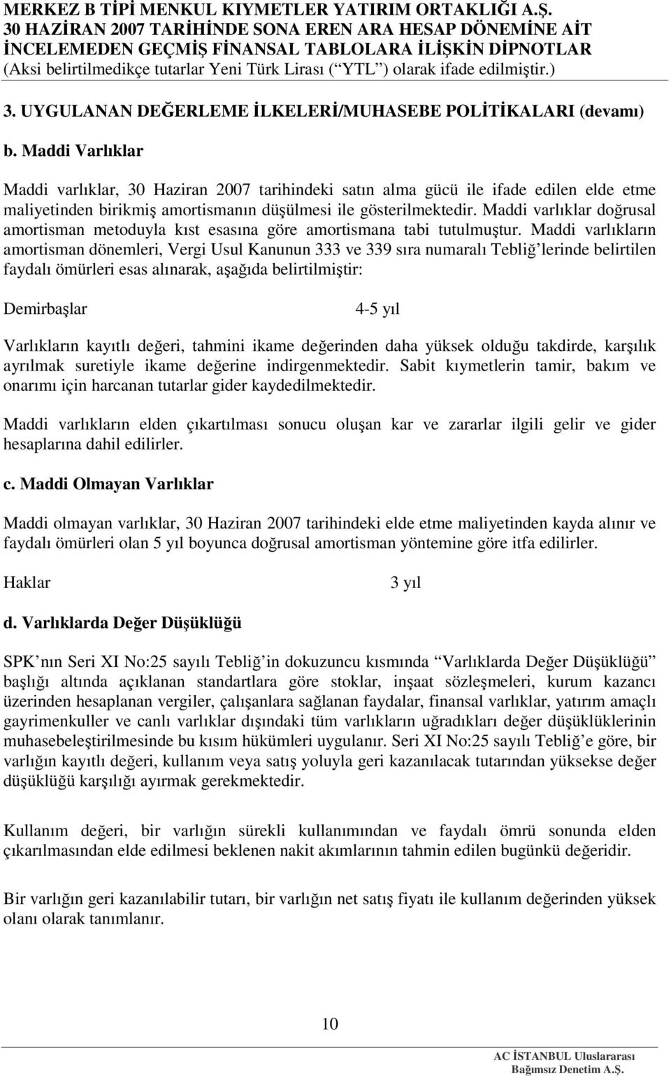 Maddi varlıklar doğrusal amortisman metoduyla kıst esasına göre amortismana tabi tutulmuştur.