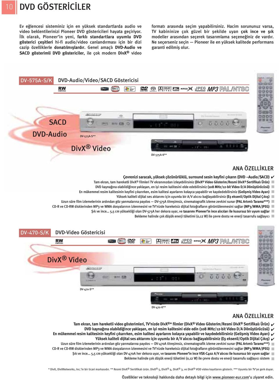 Genel amaçlı DVD-Audio ve SACD gösterimli DVD göstericiler, ile çok modern DivX video formatı arasında seçim yapabilirsiniz.