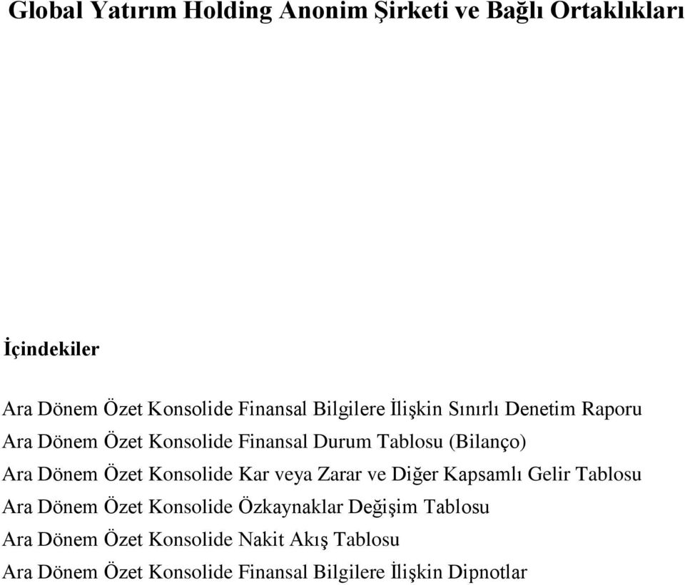 (Bilanço) Ara Dönem Özet Konsolide Kar veya Zarar ve Diğer Kapsamlı Gelir Tablosu Ara Dönem Özet