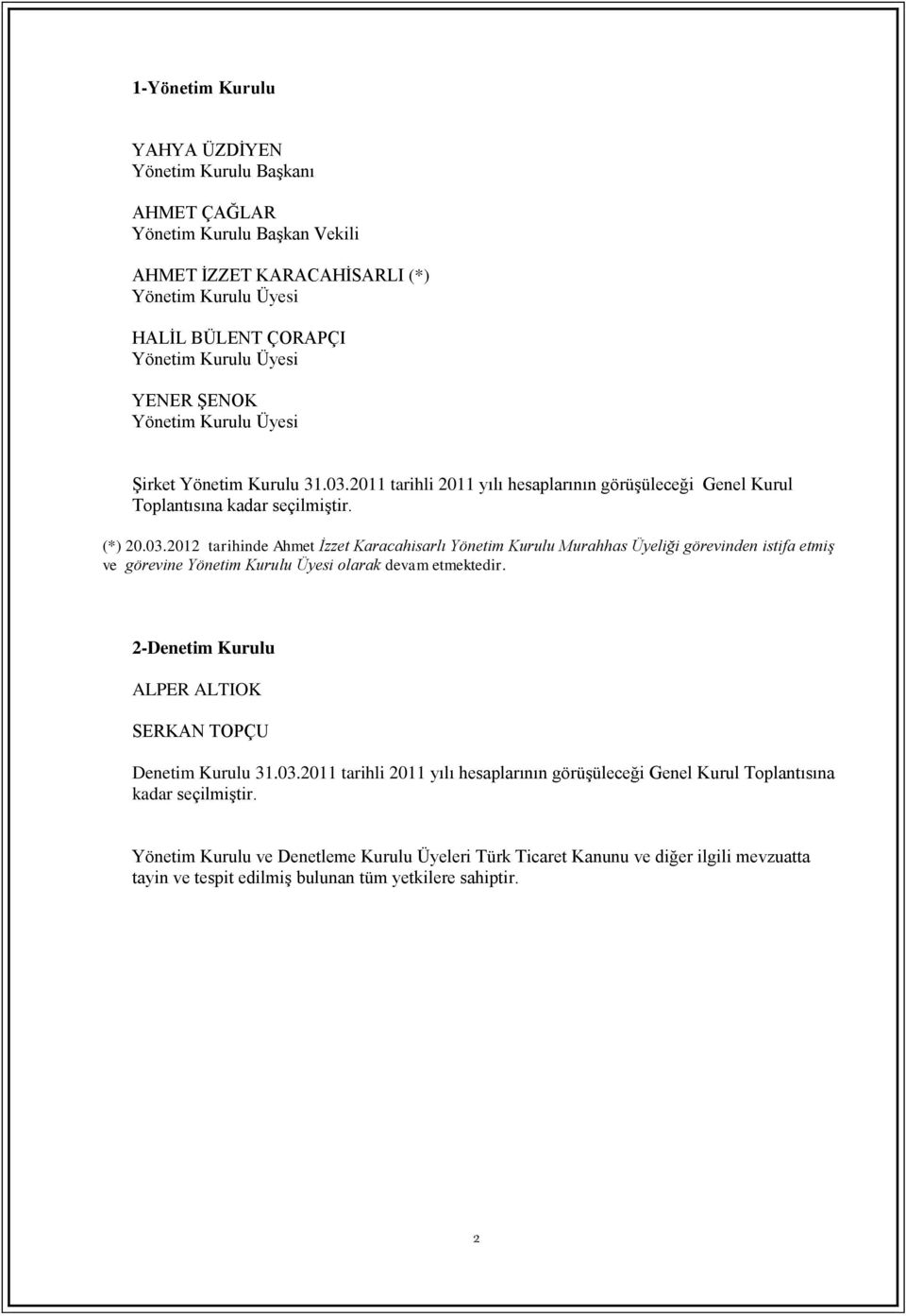 2011 tarihli 2011 yılı hesaplarının görüşüleceği Genel Kurul Toplantısına kadar seçilmiştir. (*) 20.03.