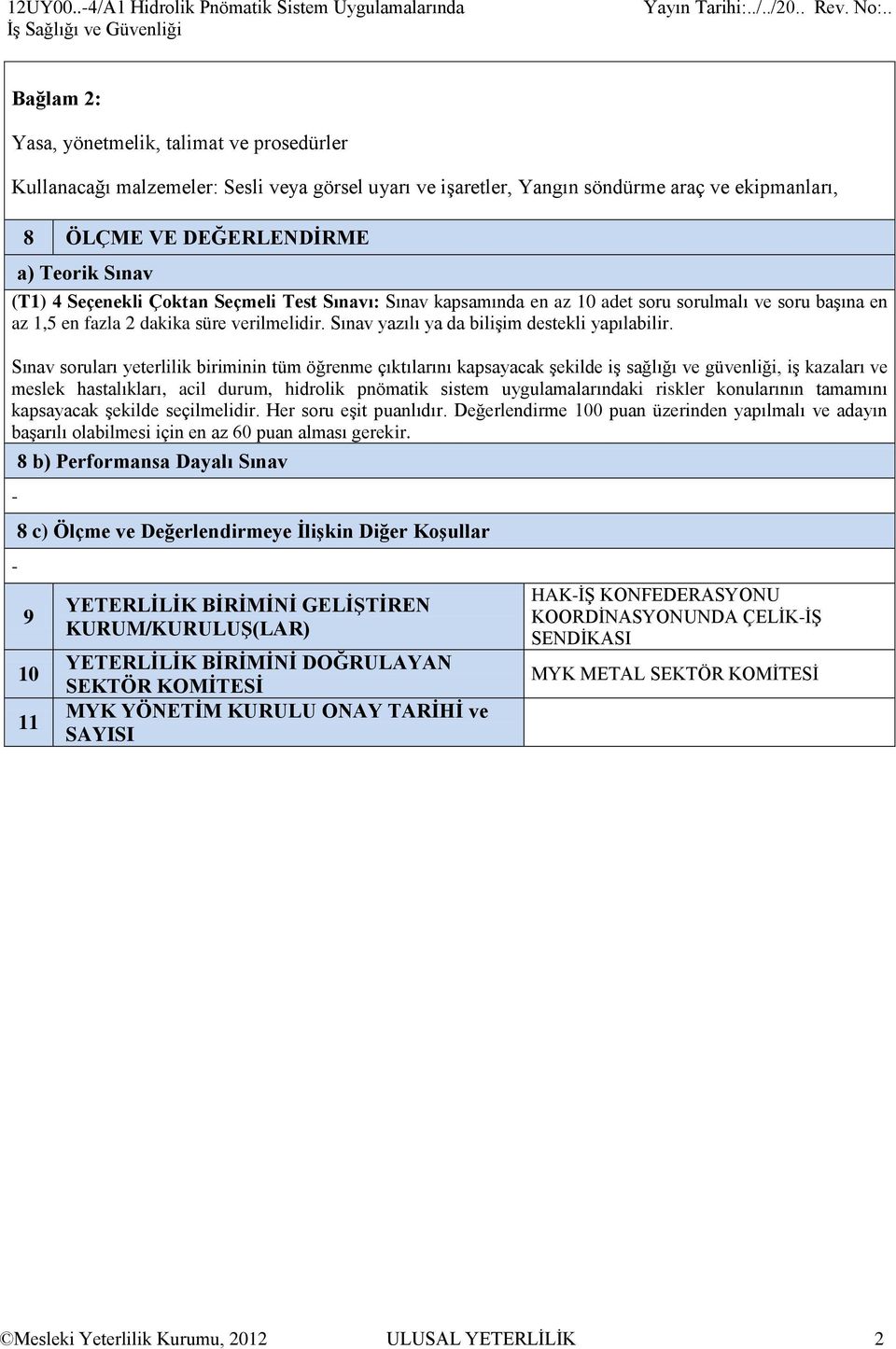 söndürme araç ve ekipmanları, 8 ÖLÇME VE DEĞERLENDİRME a) Teorik Sınav (T1) 4 Seçenekli Çoktan Seçmeli Test Sınavı: Sınav kapsamında en az 10 adet soru sorulmalı ve soru başına en az 1,5 en fazla 2