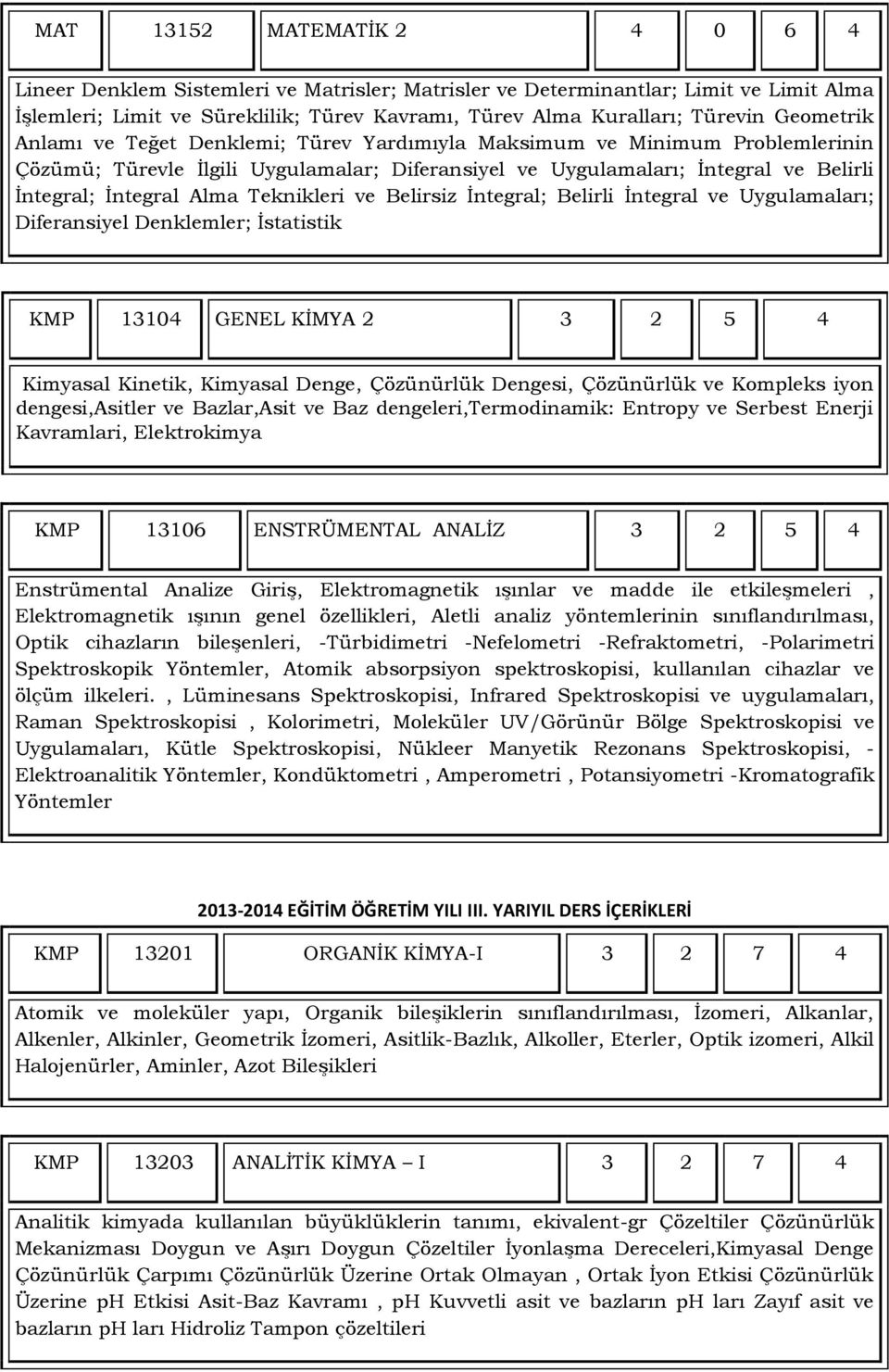 Teknikleri ve Belirsiz Ġntegral; Belirli Ġntegral ve Uygulamaları; Diferansiyel Denklemler; Ġstatistik KMP 13104 GENEL KĠMYA 2 3 2 5 4 Kimyasal Kinetik, Kimyasal Denge, Çözünürlük Dengesi, Çözünürlük