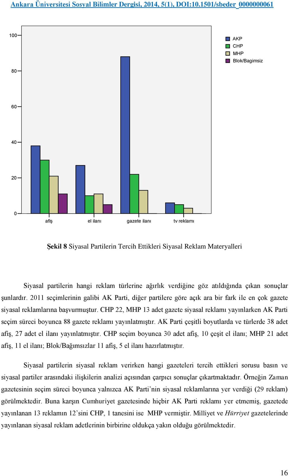 CHP 22, MHP 13 adet gazete siyasal reklamı yayınlarken AK Parti seçim süreci boyunca 88 gazete reklamı yayınlatmıştır.