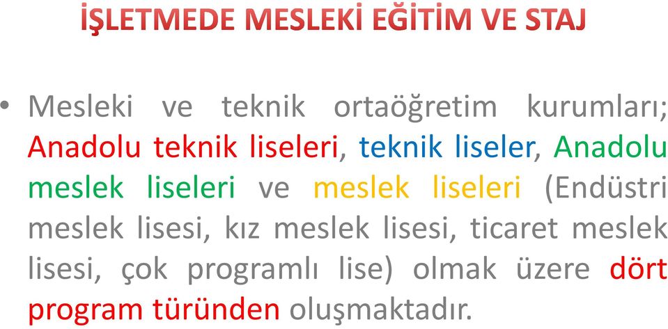 liseleri (Endüstri meslek lisesi, kız meslek lisesi, ticaret