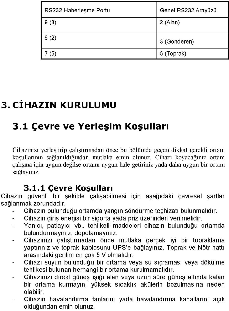 Cihazı koyacağınız ortam çalışma için uygun değilse ortamı uygun hale getiriniz yada daha uygun bir ortam sağlayınız. 3.1.