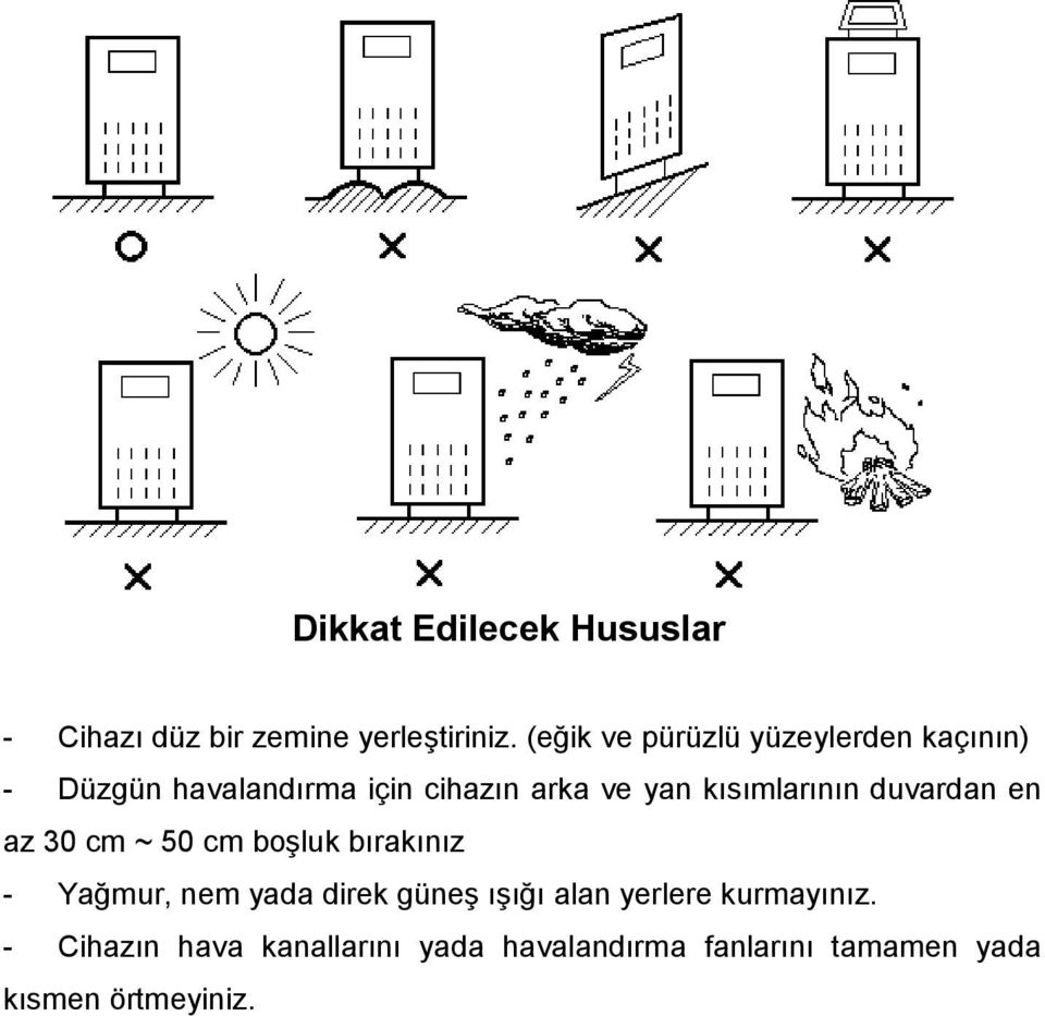 kısımlarının duvardan en az 30 cm ~ 50 cm boşluk bırakınız - Yağmur, nem yada direk