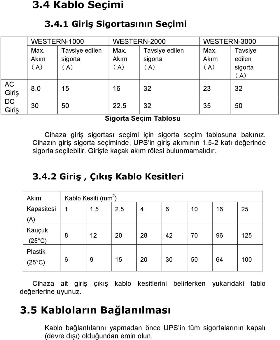 Cihazın giriş sigorta seçiminde, UPS in giriş akımının 1,5-2 katı değerinde sigorta seçilebilir. Girişte kaçak akım rölesi bulunmamalıdır. 3.4.