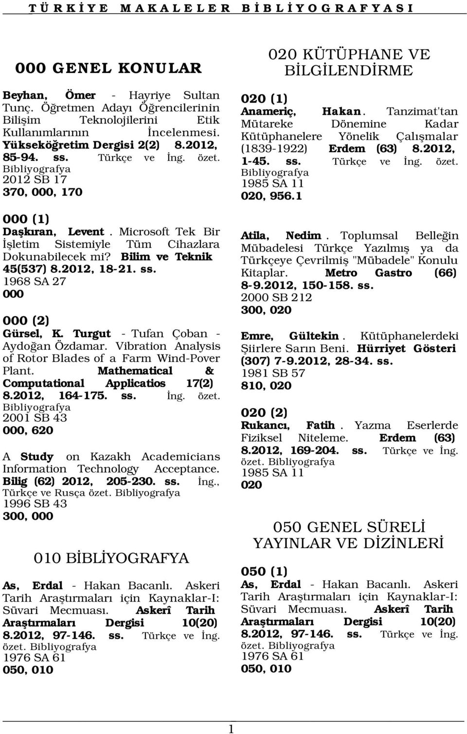 2012, 85-94. ss. Türkçe ve ng. özet. 1-45. ss. Türkçe ve ng. özet. 2012 SB 17 1985 SA 11 370, 000, 170 020, 956.1 000 (1) Daflk ran, Levent.