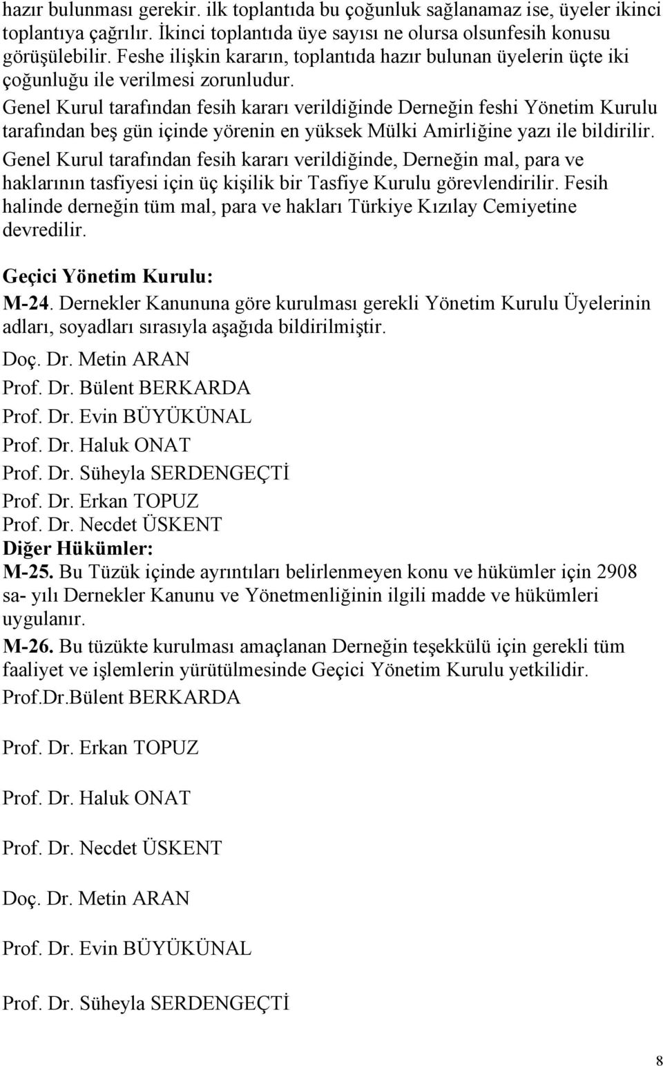 Genel Kurul tarafından fesih kararı verildiğinde Derneğin feshi Yönetim Kurulu tarafından beş gün içinde yörenin en yüksek Mülki Amirliğine yazı ile bildirilir.