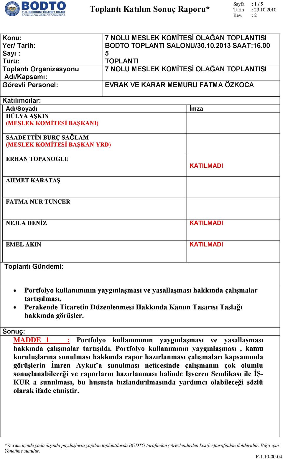 00 5 TOPLANTI 7 NOLU MESLEK KOMİTESİ OLAĞAN TOPLANTISI EVRAK VE KARAR MEMURU FATMA ÖZKOCA İmza SAADETTİN BURÇ SAĞLAM (MESLEK KOMİTESİ BAŞKAN YRD) ERHAN TOPANOĞLU AHMET KARATAŞ FATMA NUR TUNCER NEJLA