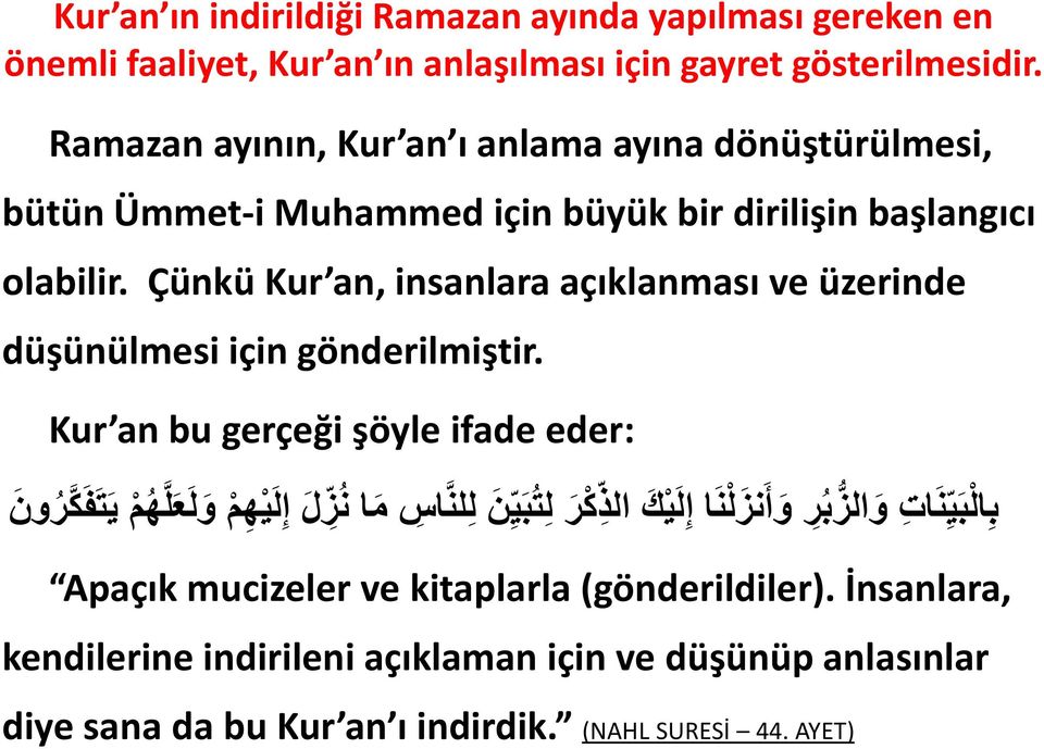 Çünkü Kur an, insanlara açıklanması ve üzerinde düşünülmesi için gönderilmiştir.