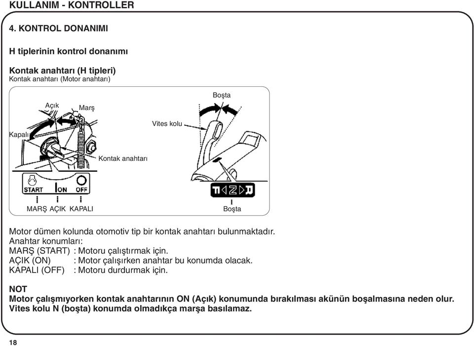 Anahtar konumlarý: MARÞ (START) : Motoru çalýþtýrmak için. AÇIK (ON) : Motor çalýþýrken anahtar bu konumda olacak.