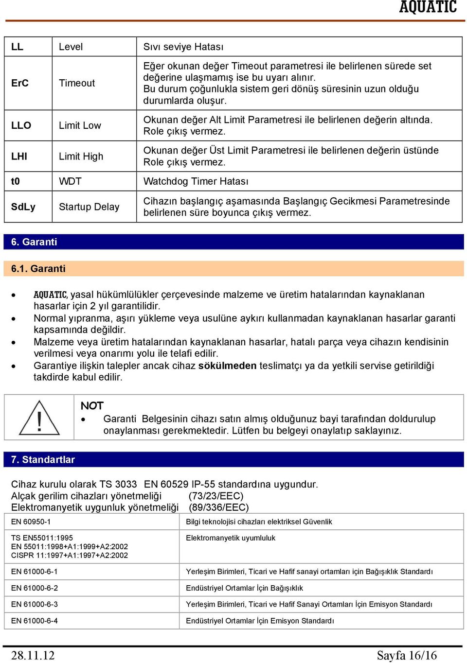 LLO LHI Limit Low Limit High t0 WDT Watchdog Timer Hatası SdLy Startup Delay Okunan değer Alt Limit Parametresi ile belirlenen değerin altında. Role çıkış vermez.