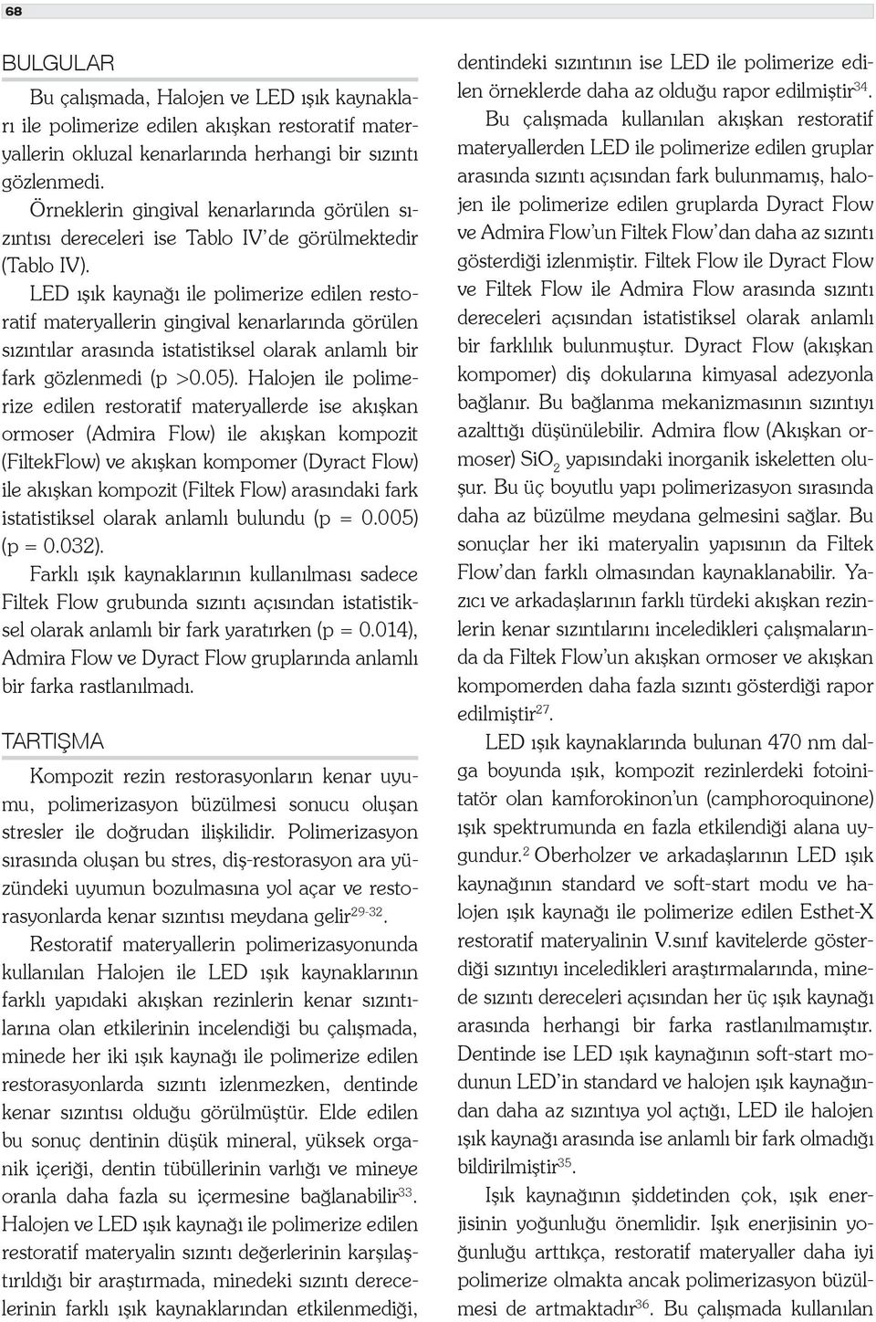 LED ışık kaynağı ile polimerize edilen restoratif materyallerin gingival kenarlarında görülen sızıntılar arasında istatistiksel olarak anlamlı bir fark gözlenmedi (p >0.05).