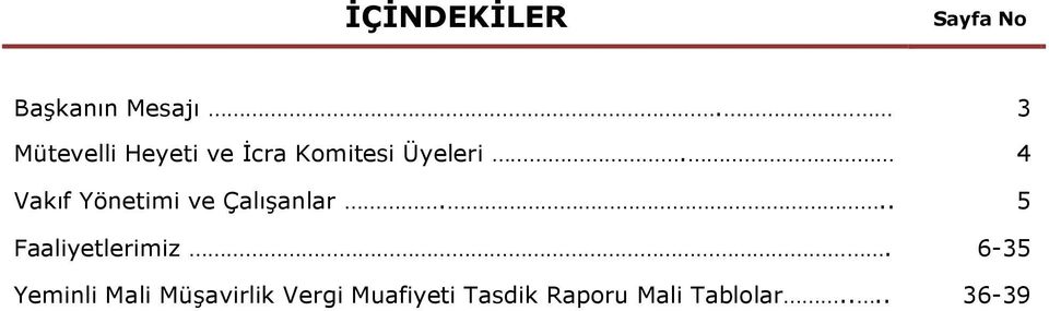 4 Vakıf Yönetimi ve Çalışanlar... 5 Faaliyetlerimiz.