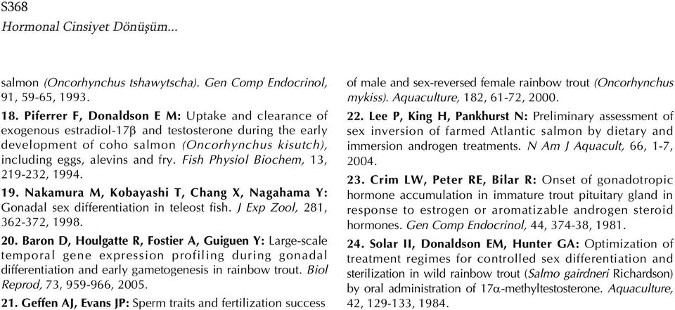 Fish Physiol Biochem, 13, 219-232, 1994. 19. Nakamura M, Kobayashi T, Chang X, Nagahama Y: Gonadal sex differentiation in teleost fish. J Exp Zool, 281, 362-372, 1998. 20.