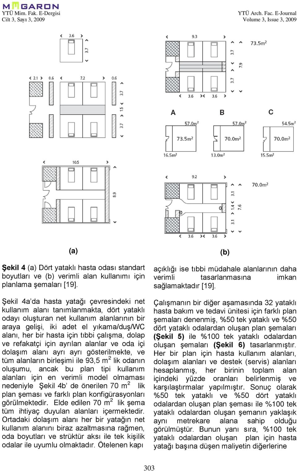 tıbbi çalışma, dolap ve refakatçi için ayrılan alanlar ve oda içi dolaşım alanı ayrı ayrı gösterilmekte, ve tüm alanların birleşimi ile 93,5 m 2 lik odanın oluşumu, ancak bu plan tipi kullanım