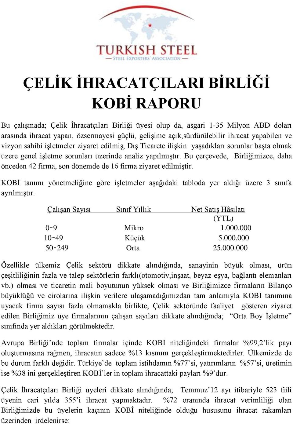 Bu çerçevede, Birliğimizce, daha önceden 42 firma, son dönemde de 16 firma ziyaret edilmiştir. KOBİ tanımı yönetmeliğine göre işletmeler aşağıdaki tabloda yer aldığı üzere 3 sınıfa ayrılmıştır.