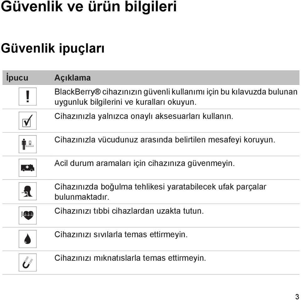 Cihazınızla vücudunuz arasında belirtilen mesafeyi koruyun. Acil durum aramaları için cihazınıza güvenmeyin.