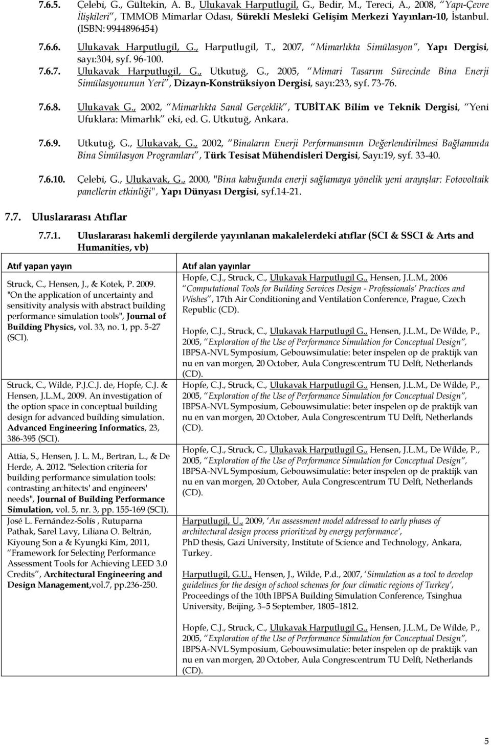 , 2005, Mimari Tasarım Sürecinde Bina Enerji Simülasyonunun Yeri, Dizayn-Konstrüksiyon Dergisi, sayı:233, syf. 73-76. 7.6.8. Ulukavak G.