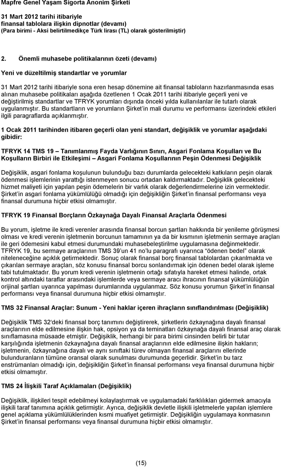 Bu standartların ve yorumların Şirket in mali durumu ve performansı üzerindeki etkileri ilgili paragraflarda açıklanmıştır.