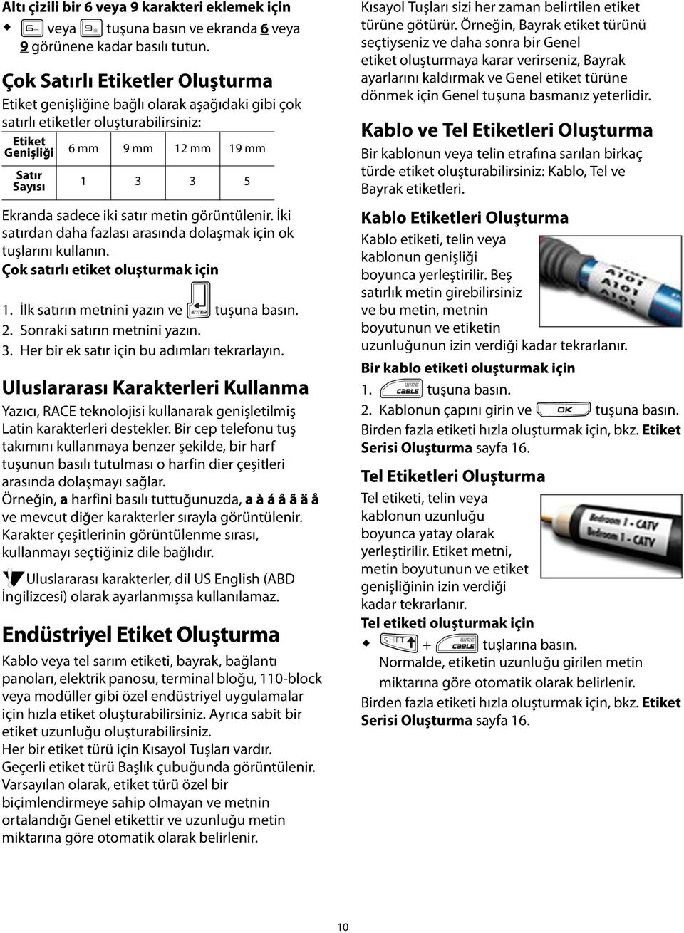 satır metin görüntülenir. İki satırdan daha fazlası arasında dolaşmak için ok tuşlarını kullanın. Çok satırlı etiket oluşturmak için 1. İlk satırın metnini yazın ve 2. Sonraki satırın metnini yazın.