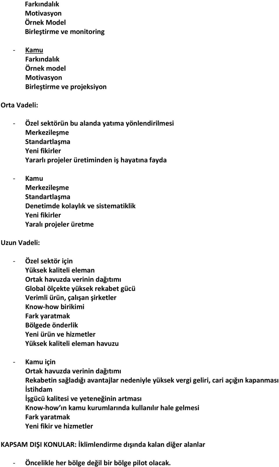 Vadeli: Özel sektör için Yüksek kaliteli eleman Ortak havuzda verinin dağıtımı Global ölçekte yüksek rekabet gücü Verimli ürün, çalışan şirketler Know how birikimi Fark yaratmak Bölgede önderlik Yeni